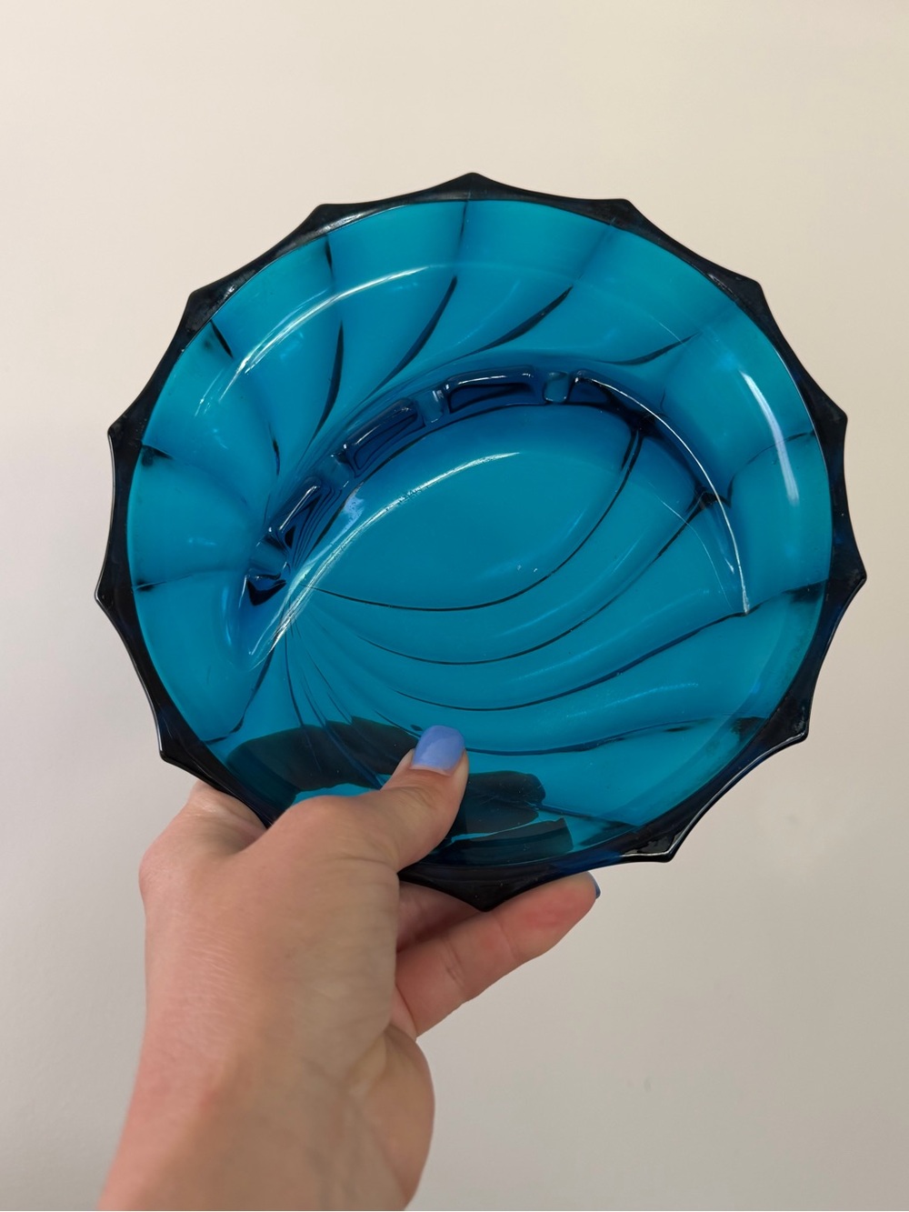 Vintage MCM Blue Glass Ashtray Heavy Mid Century MCM Tobacco Decor